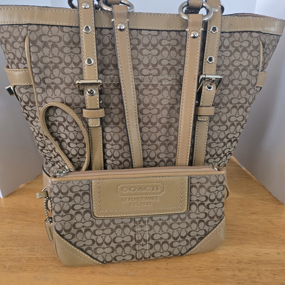 Coach Beige Signature Canvas Tote with Matching Wristlet
